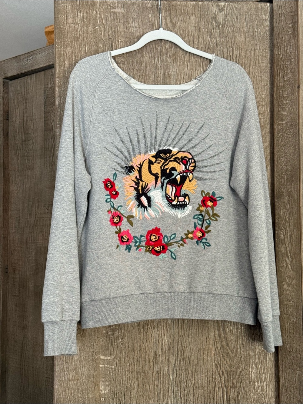 Gucci Gray Crewneck Sweatshirt with Embroidered Tiger and Floral Motif